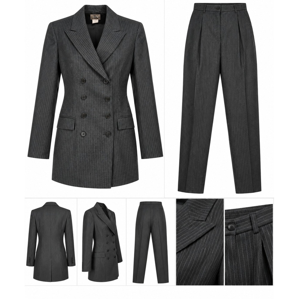 Calvin Klein 2-Piece Blazer & Pants Suit Set Womens 6 Gray Pinstriped Lana Wool